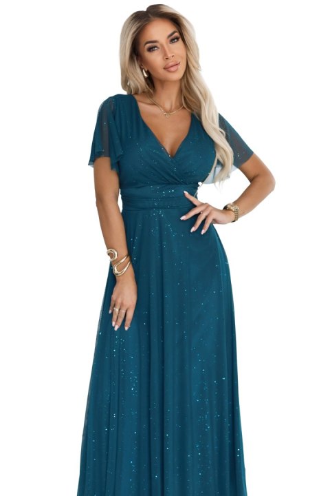 Stylowa długa sukienka butelkowa zieleń z dekoltem i lekkimi rękawkami