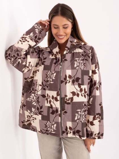 Beżowa kurtka damska oversize przejściowa z nadrukiem i suwakiem – Stylowy Wieszak