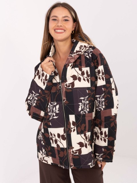 Czarna kurtka damska pikowana przejściowa z nadrukiem i kapturem – Stylowy Wieszak