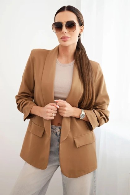 Marynarka damska elegancka camelowa bez zapięcia z klapami