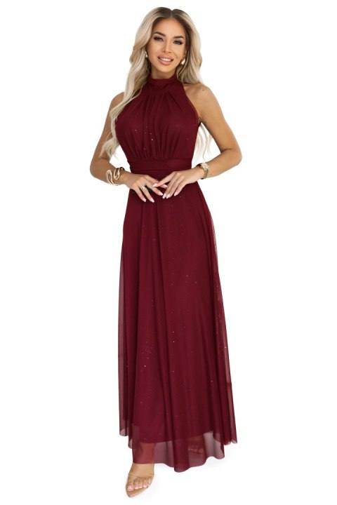 636-1 VERONICA luksusowa długa suknia z brokatowym akcentem i szykowną linią - bordowa - UNI