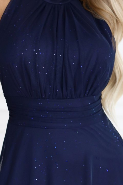 636-2 VERONICA luksusowa długa suknia z brokatowym akcentem i szykownym krojem - granatowa - UNI