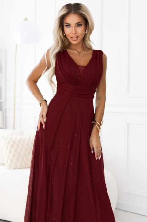 637-1 Wieczorowa długa sukienka z brokatowym akcentem i głębokim dekoltem - bordowa - UNI
