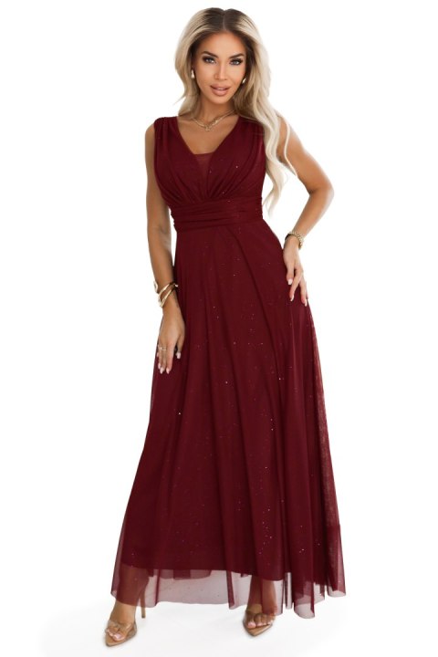 637-1 Wieczorowa długa sukienka z brokatowym akcentem i głębokim dekoltem - bordowa - UNI