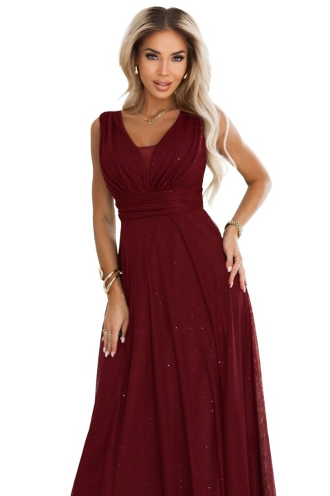 637-1 Wieczorowa długa sukienka z brokatowym akcentem i głębokim dekoltem - bordowa - UNI