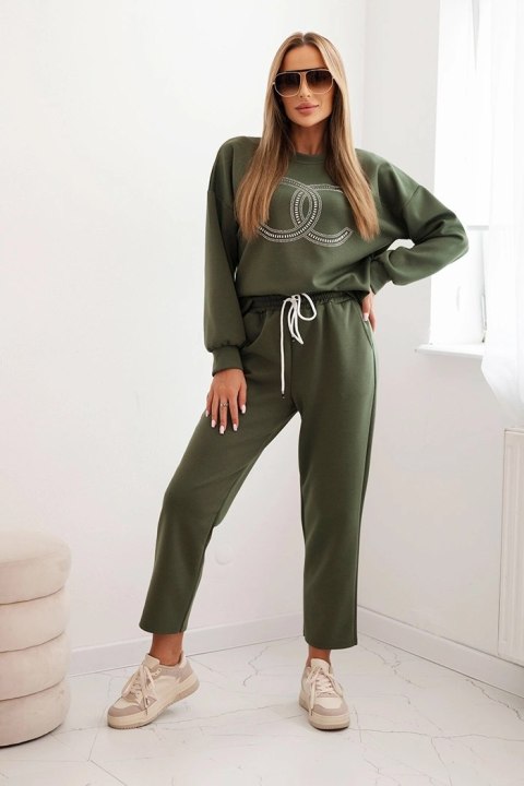 Komplet damski khaki z wiskozy – bluza z ozdobnym motywem i spodnie