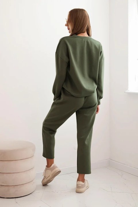 Komplet damski khaki z wiskozy – bluza z ozdobnym motywem i spodnie