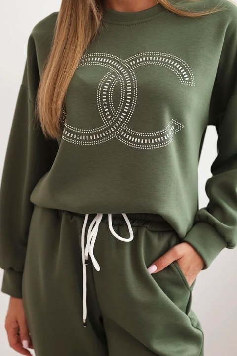 Komplet damski khaki z wiskozy – bluza z ozdobnym motywem i spodnie