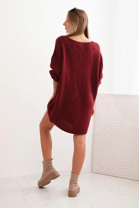 Sukienka damska oversize Plus Size z dekoltem V bordowa – wełniana, włoska