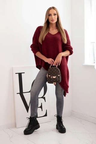 Sweter damski wełniany asymetryczny Plus Size z dekoltem V – bordowy, włoska produkcja