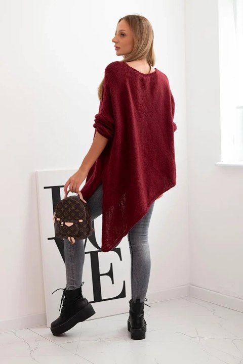Sweter damski wełniany asymetryczny Plus Size z dekoltem V – bordowy, włoska produkcja