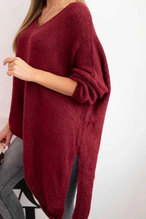 Sweter damski wełniany asymetryczny Plus Size z dekoltem V – bordowy, włoska produkcja