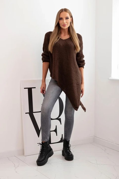 Sweter damski wełniany asymetryczny Plus Size z dekoltem V – brązowy, włoska produkcja