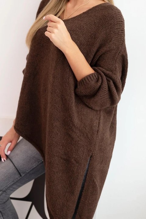 Sweter damski wełniany asymetryczny Plus Size z dekoltem V – brązowy, włoska produkcja