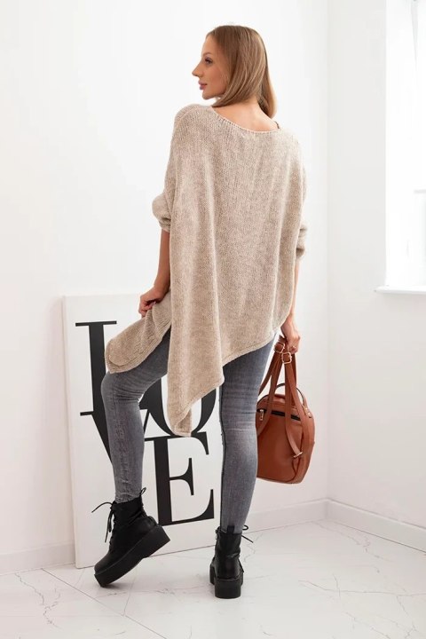 Sweter damski wełniany asymetryczny Plus Size z dekoltem V – ciemny beżowy, włoska produkcja