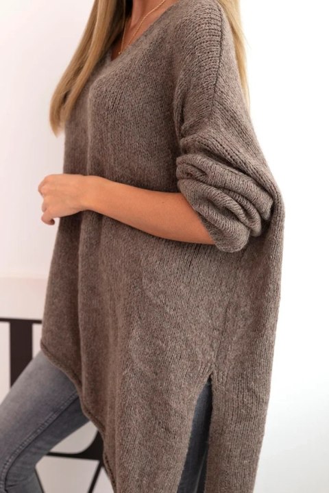 Sweter damski wełniany asymetryczny Plus Size z dekoltem V – fango, włoska produkcja