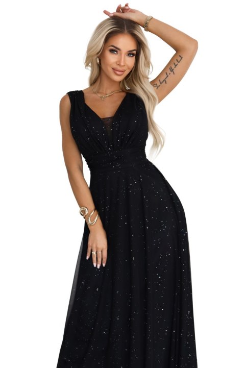 637-2 Wieczorowa długa sukienka z brokatowym akcentem i głębokim dekoltem - czarna - UNI