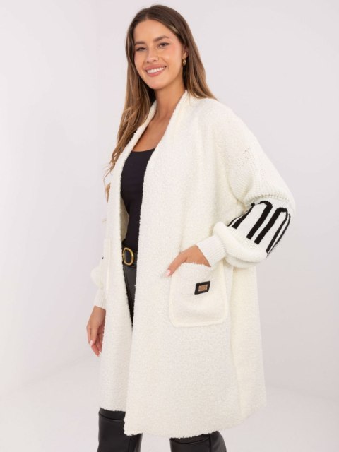 Długi kardigan boucle ecru z kieszeniami i czarnymi paskami na rękawach