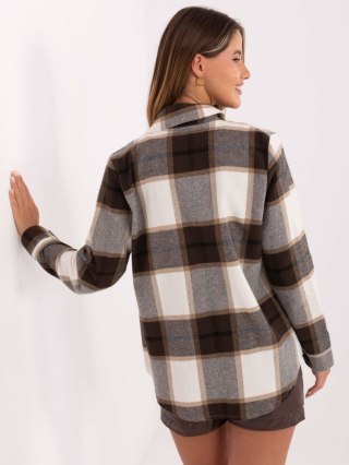 Ecru-brązowa koszula damska w kratę z kołnierzykiem RUE PARIS