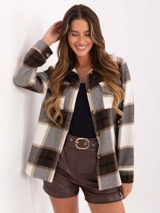 Ecru-brązowa koszula damska w kratę z kołnierzykiem RUE PARIS