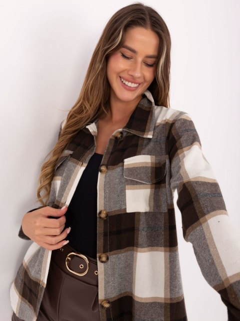 koszula damska z kieszeniami w kratę brązowo-ecru