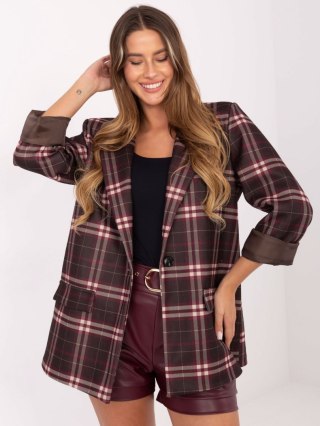 Brązowo-bordowa marynarka damska w kratę z poduszkami ITALY MODA