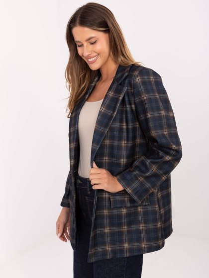 Granatowo-beżowa marynarka damska oversize w kratę ITALY MODA