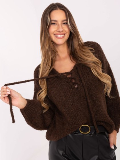 Brązowy sweter oversize z wiązaniem Italy Moda