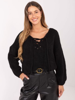 Czarny sweter oversize z wiązaniem Italy Moda