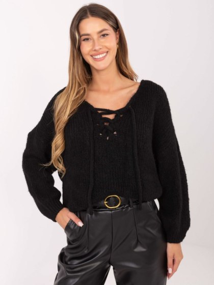 Czarny sweter oversize z wiązaniem Italy Moda