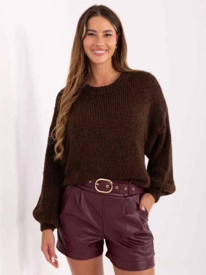 Ciemnobrązowy sweter damski oversize z wełną ITALY MODA
