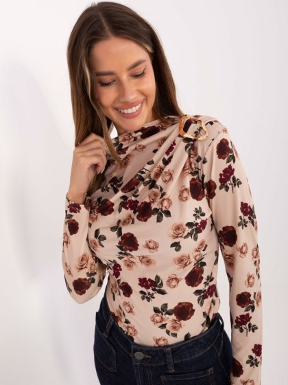 Beżowa bluzka damska w kwiaty z ozdobnym detalem RUE PARIS