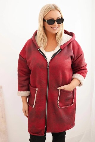 Kurtka damska Plus Size z kapturem i kieszeniami ocieplana barankiem bordowa – Stylowy Wieszak