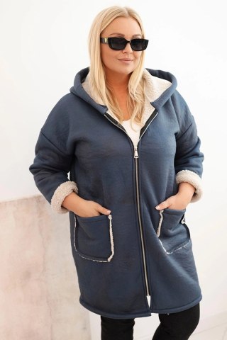 Kurtka damska Plus Size z kapturem i kieszeniami ocieplana barankiem jeansowa – Stylowy Wieszak