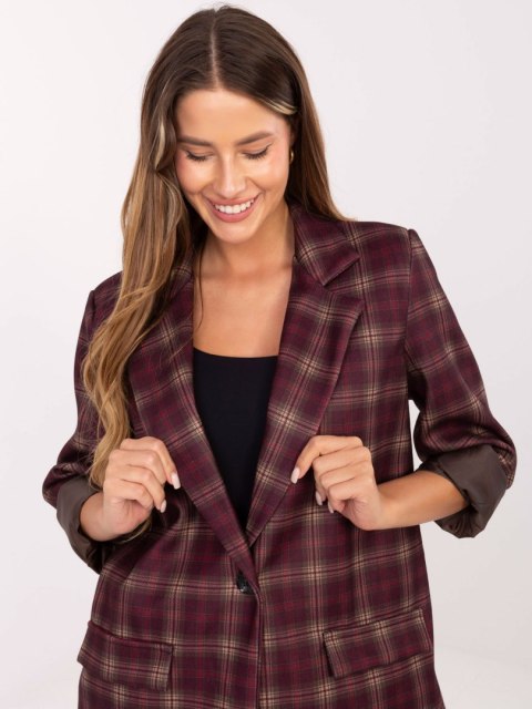 Bordowo-beżowa marynarka damska w kratę ITALY MODA – Stylowy Wieszak