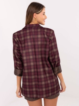Bordowo-beżowa długa marynarka damska w kratę ITALY MODA