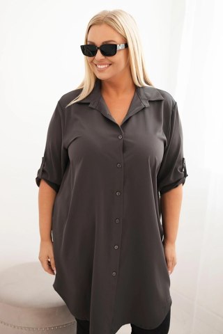 Sukienka damska koszulowa Plus Size z dłuższym tyłem i podwijanym rękawem grafitowa