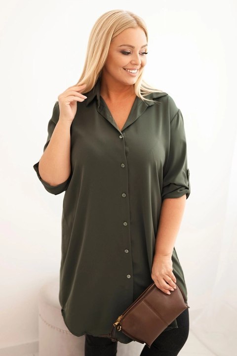 Sukienka damska koszulowa Plus Size z dłuższym tyłem i podwijanym rękawem khaki