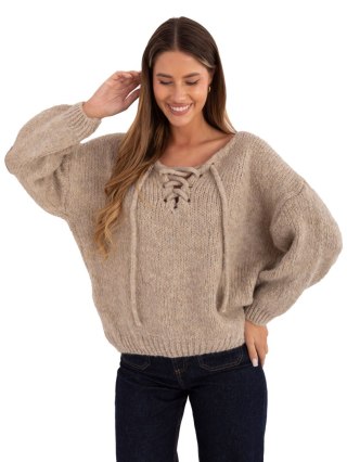 Beżowy sweter z gorsetowym wiązaniem Italy Moda