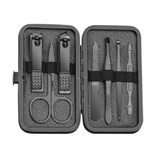 Zestaw do manicure i pedicure AK21 – czarny, 12w1, stal węglowa, etui z eko-skóry