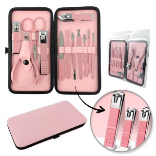 Zestaw do manicure i pedicure AK20 – różowy, 12w1, stal węglowa, etui z eko-skóry