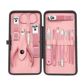 Zestaw do manicure i pedicure AK20 – różowy, 12w1, stal węglowa, etui z eko-skóry