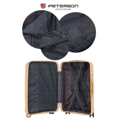 Beżowa, duża walizka z polipropylenu z wysuwaną, teleskopową rączką i zamkiem szyfrowanym - Peterson