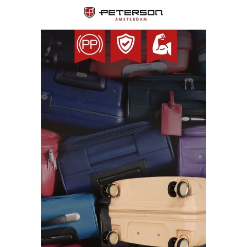 Beżowa, duża walizka z polipropylenu z wysuwaną, teleskopową rączką i zamkiem szyfrowanym - Peterson