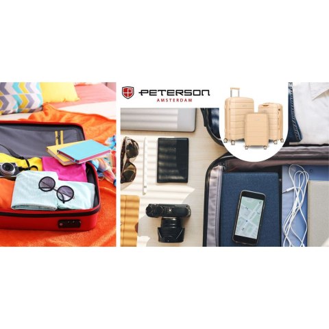 Beżowa walizka z polipropylenu z wysuwaną, teleskopową rączką i zamkiem szyfrowanym - Peterson