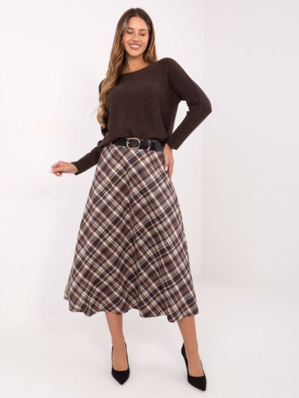 Brązowa rozkloszowana spódnica w kratę z paskiem RUE PARIS – Stylowy Wieszak