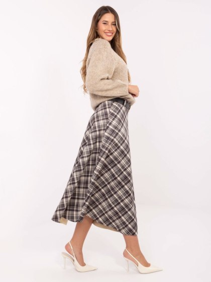 Ciemnoszara rozkloszowana spódnica w kratę z paskiem RUE PARIS – Stylowy Wieszak