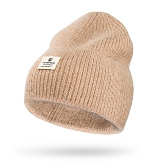 Beżowa czapka damska beanie w uniwersalnym rozmiarze z logo marki - Peterson