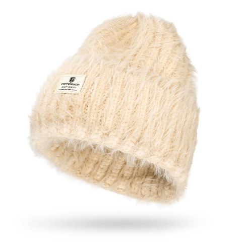 Beżowa czapka damska beanie wykonana z nylonu, pokryta fakturą imitującą futerko - Peterson