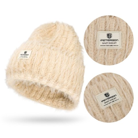 Beżowa czapka damska beanie wykonana z nylonu, pokryta fakturą imitującą futerko - Peterson